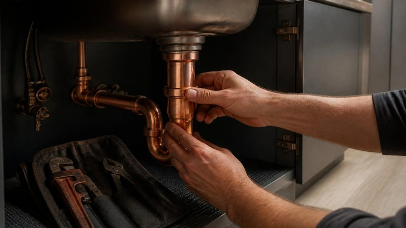 A plumber's hands fitting a new copper trap under a kitchen sink
