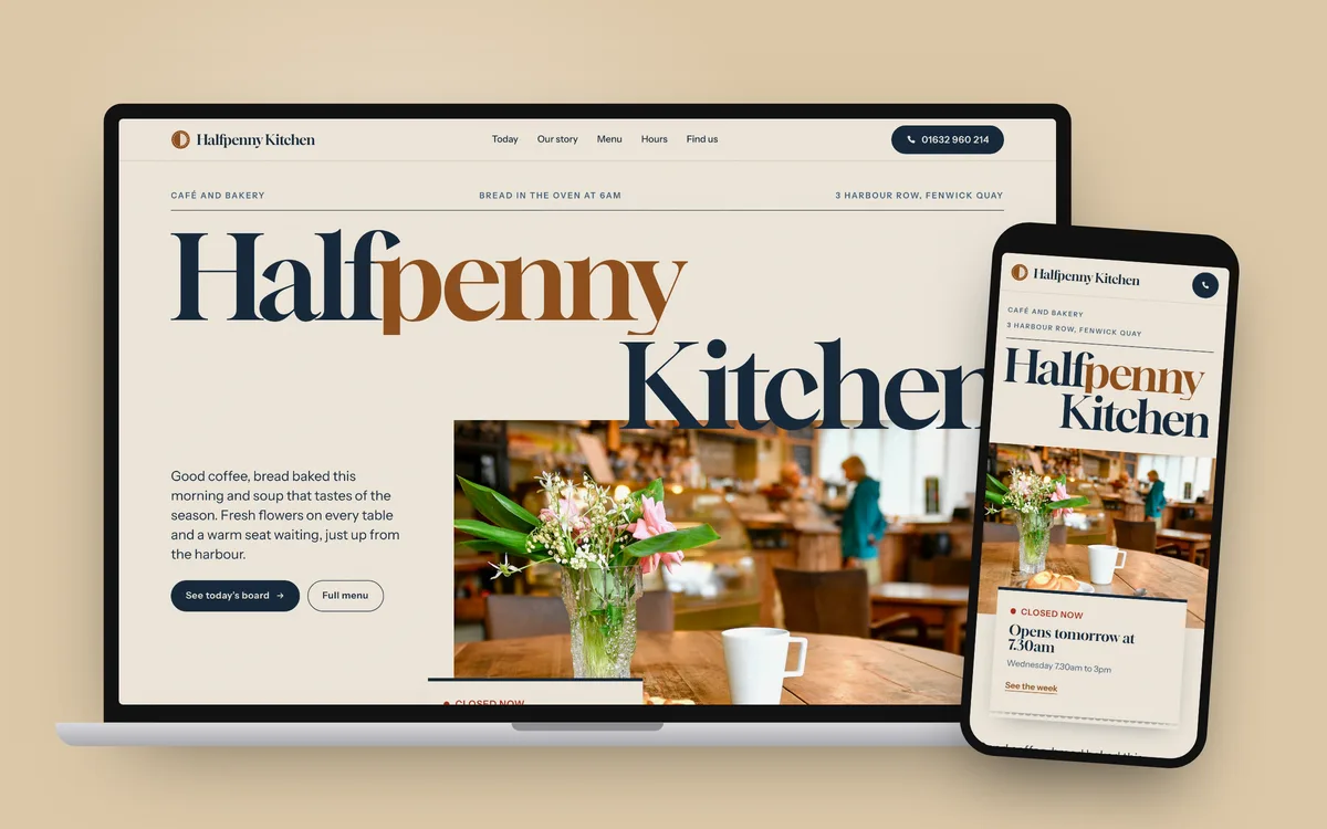 Laptop and phone showing the Halfpenny Kitchen café website design